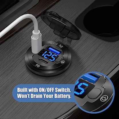 12V USB Car Socket Round USB C 12V Outlet, 3-Port Marine Fast Charger Waterproof Cigarette Outlet Replacement Aluminum with Switch & Voltmeter, Suitable for Boat Golf Cart RV Motorcycle Truck - color: pack of one