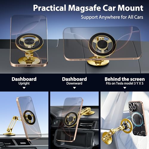 Ultra Magnetic Long-Arm Phone Holder Stand, Fits for MagSafe Car Mount Bracket【Windshield+Vent+Dash】, 360° Rotation Adjustable Strong Magnets Car Mount Desk Office Phone Cradle Holder, Gold - color: Gold