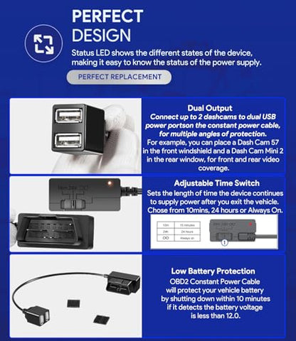 010-12530-23 Constant Power Cable for Garmin Dash Cam 46 47 56 57 66W 67W, Live, Mini, Mini 2 3, Tandem, X110, X210, X310, DashCam, Fits Vehicle's OBD-II Port for Power Even When Parked and Turned Off