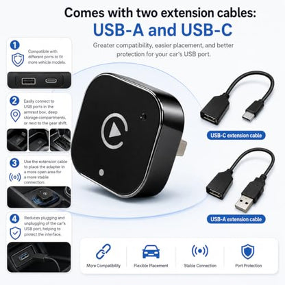 ZYAN Wireless CarPlay & Android Auto Adapter with Extension Cable USB-A and USB-C