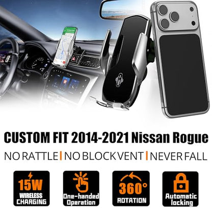 Car Phone Mount for Rogue 2014–2020, 15W Wireless Fast Charging Auto-Clamping Vent Phone Holder, One-Hand Operation, Hands-Free, 360° Adjustable, Without Blocking Airflow - size: for Nissan Rogue | 2014-2020