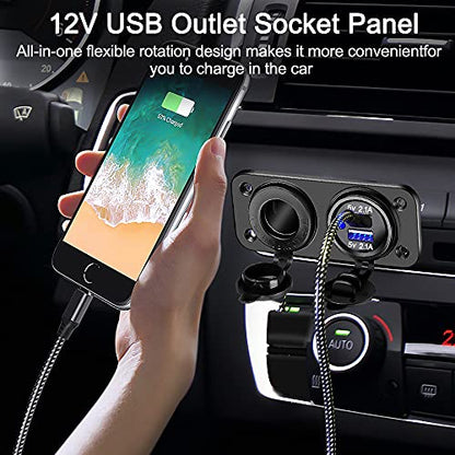 ELECTOP Cigarette Lighter Socket Outlet Splitter, 12V USB Outlet USB Charger 12 Volt Socket Power Outlet with LED, Waterproof Power Socket Panel Adapter DIY Kit Dual USB Ports for Car Boat Marine RV