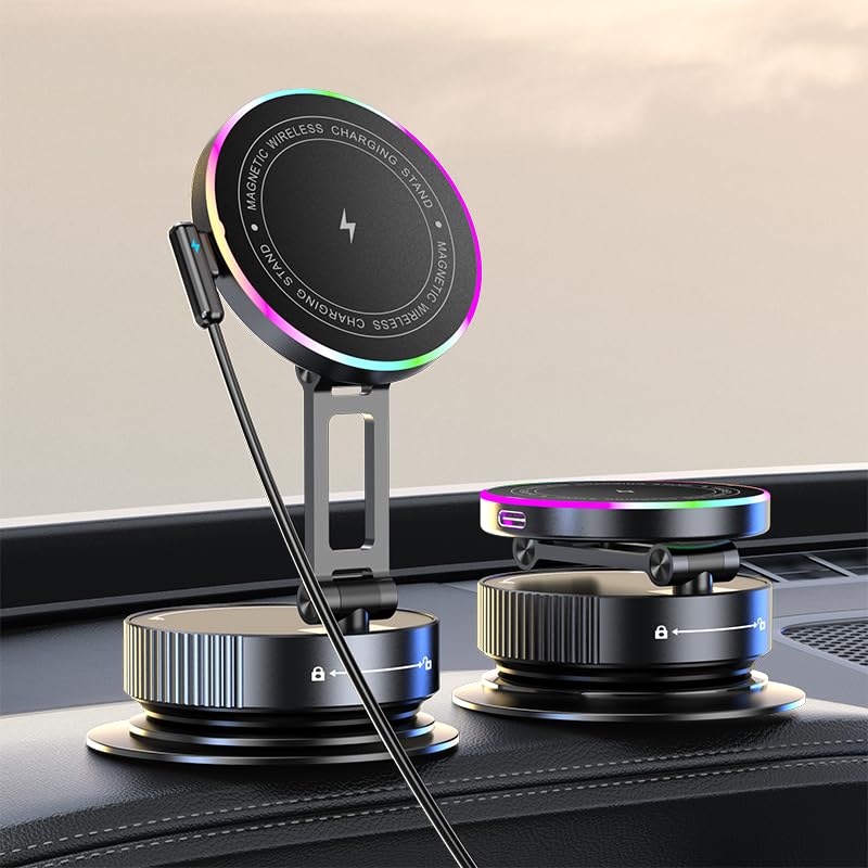 Magsafe Car Mount Charger, 15W Fast Wireless Charging with Intelligent Cooling, 120LBS Ultra Suction Vacuum Magnetic Phone Holder, 780 Adjustable Metal Arm for iPhone 17 16 Air Pro Max