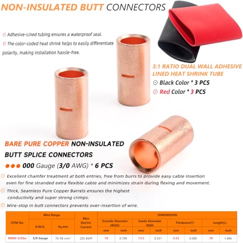 SVAAR 6 PCS 000 Gauge Non Insulated Butt Connectors 3/0 AWG Uninsulated Butt Splice Connectors Crimp Repair Butt Splices Kit Bare Pure Copper Seamless Barrel Splice Terminals & 6PCS 3:1 Heat Shrinks