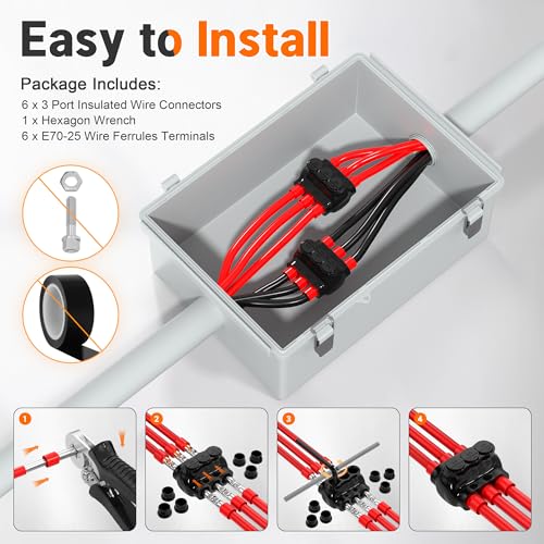 Joinfworld 3 Port Insulated Multi Tap Connector 3/0-6 Gauge Wire Connectors Aluminum to Copper Wire Connectors Dual Entry Black Electrical Cable Connectors with Slotted Allen Hex - 6 Pack - size: 3/0-6 AWG