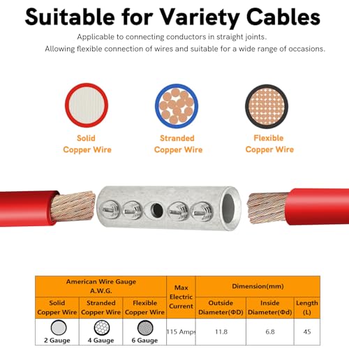 4 Gauge Wire Butt Connectors 6 PCS Tinned Brass Mechanical Butt Splice Connectors Kit 4 AWG Mechanical Repair Splice Kit Splice Screw Sleeves 6 PCS Mechanical Splices with 6 PCS 3:1 Heat Shrink Tubes - color: Tinned Brass