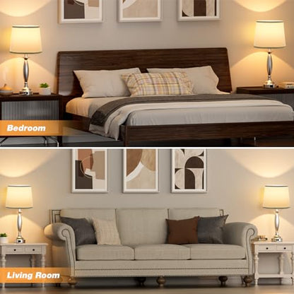 Bedroom Lamps for Nightstand, 3 Way Dimmable Silver Bedside Lamps with USB - color: A. Grey Shade & Nickel Base, size: Medium（22.5 In）