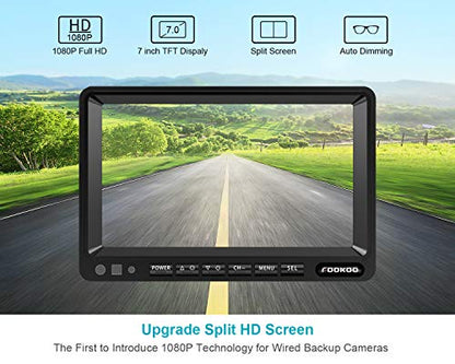 Fookoo 7" HD 1080P Wired Dual Backup Camera: 7" Dual Split Screen Monitor - color: Coal Black, size: 7 inches 2-camera
