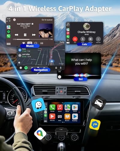 4 in 1 Wireless CarPlay Adapter Car Screen Mirroring Adapter for Apple iPhone& Android, Convert Wired CarPlay to Wireless, Stable Control & No Delay Latency, Plug and Play - color: PureBlack