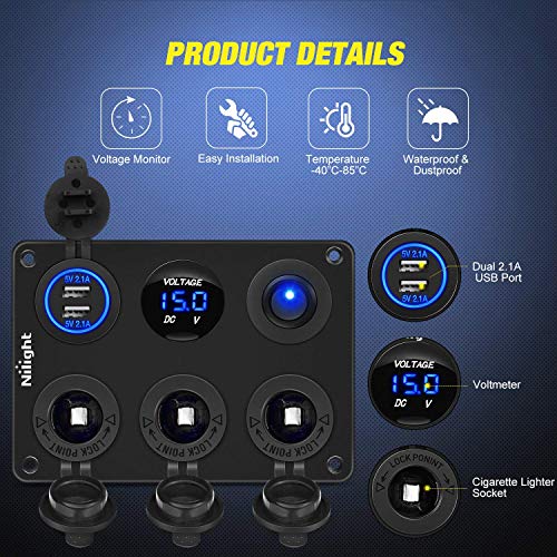Nilight 6 in 1 Charger Socket Accessory Power Outlet Panel 12V 24VDC - color: Cigarette Socket Panel
