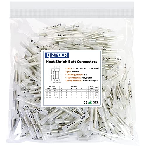 Heat Shrink Butt Connectors, 200 Pcs Clear 26-24 AWG Insulated Waterproof Electrical Heat Shrink Wire Connectors Automotive Marine Wire Crimp Terminals Butt Splices for Boat, Car - size: 200Pcs 26-24 AWG