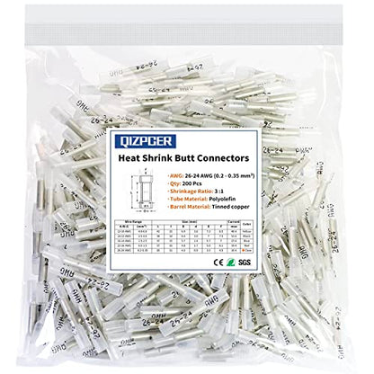 Heat Shrink Butt Connectors, 200 Pcs Clear 26-24 AWG Insulated Waterproof Electrical Heat Shrink Wire Connectors Automotive Marine Wire Crimp Terminals Butt Splices for Boat, Car - size: 200Pcs 26-24 AWG