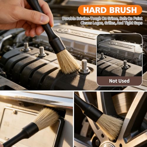 Car Detailing Brush Kit Interior & Exterior Cleaner, Ultra Soft Boars Hair Car Interior Detailing Brushes, 6 Different Detailing Brushes for Auto Detailing, Dashboard, Vents, Wheels and Tires