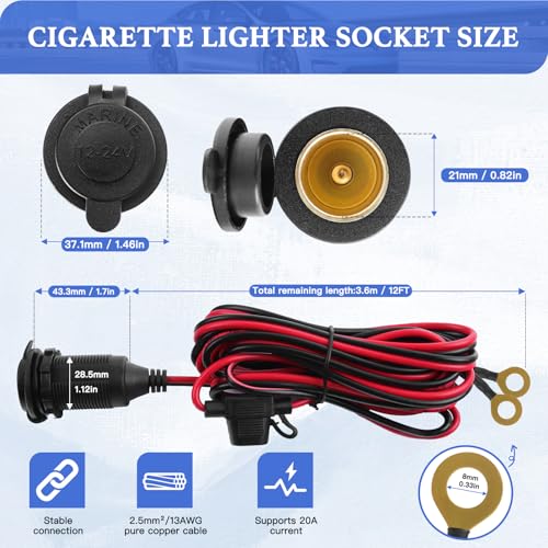 Cigarette Lighter Socket 12FT, 12V Cigarette Lighter Socket 2.5mm²/13AWG, 12V Power Outlet 20A Waterproof and Dustproof, 12V Outlet Socket with Inline Fuse Holder, Car Fuses 20A 25A by XIOGZAXI - size: 13AWG&(12FT/3.6m)