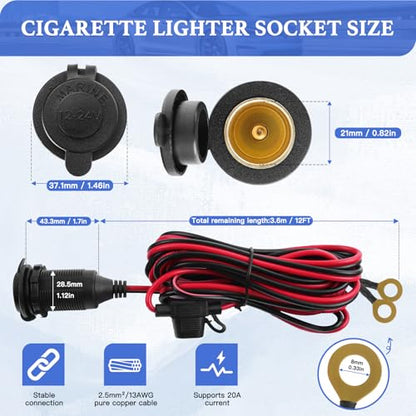 Cigarette Lighter Socket 12FT, 12V Cigarette Lighter Socket 2.5mm²/13AWG, 12V Power Outlet 20A Waterproof and Dustproof, 12V Outlet Socket with Inline Fuse Holder, Car Fuses 20A 25A by XIOGZAXI - size: 13AWG&(12FT/3.6m)