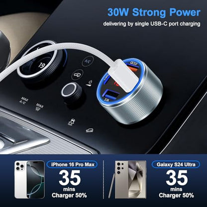 Car Phone Charger for iPhone 17 16 15, Besgoods USB C Car Charger Adapter 4 Ports with Voltmeter PD&QC Fast Charging Cigarette Lighter for Galaxy S25 S24 S23 A16 Dash Cam, with 6ft USB C to C Cable - color: grey charger+white cable