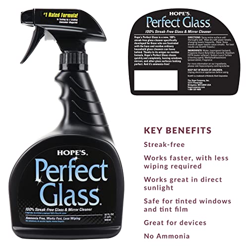HOPE'S Perfect Glass Cleaner Spray, Streak-Free, Ammonia-Free Window, Mirror, Screen, and Shower Door Cleaner, Indoor and Outdoor Glass Surfaces, 32 Fl Oz, Pack of 1 With Microfiber Cloth - style: 32 Fl Oz (Pack of 1 With Microfiber Cloth)