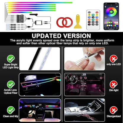 Dreamcolor Acrylic Interior Car LED Strip Light with APP Remote Control,RGB 10 in 1 with 175 inches 593 LEDs Fiber Optic Strip Lights for Car, Dynamic Chasing Music Sync Neon Car Ambient Lighting Kits