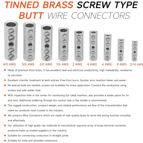 12-10 Gauge Wire Butt Connectors 10 PCS Tinned Brass Mechanical Butt Splice Connectors Kit 12-10 AWG Mechanical Repair Splice Kit Splice Screw Sleeves 10 PCS Mechanical Splices & 3:1 Heat Shrinks - color: Tinned Brass