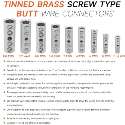 12-10 Gauge Wire Butt Connectors 10 PCS Tinned Brass Mechanical Butt Splice Connectors Kit 12-10 AWG Mechanical Repair Splice Kit Splice Screw Sleeves 10 PCS Mechanical Splices & 3:1 Heat Shrinks - color: Tinned Brass