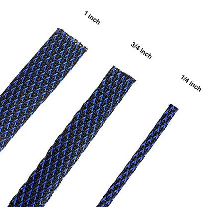 Boao 50ft PET Expandable Braided Cable Sleeve, Wire Loom Braid Sleeving with 127 Pieces Shrink Tube for Audio Video and Other Home Device Cable Automotive Wire(1 Inch, 1/4 Inch, 3/4 Inch,Blue) - color: Blue, size: 1 Inch, 1/4 Inch, 3/4 Inch