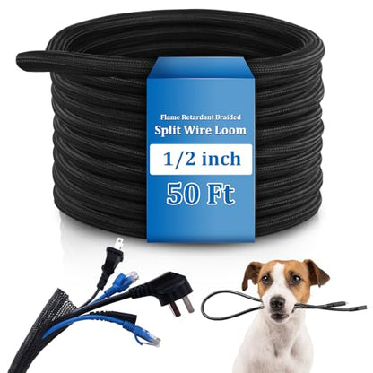 Pangda 50ft Split Wire Loom Tubing Flame Retardant Braided Cable Sleeve Split High Temperature Cable Conduit Auto Wire Conduit for Industrial Electrical Tinsel Automotive Marine(50 Ft, 1/2") - size: 50 Ft, 1/2"