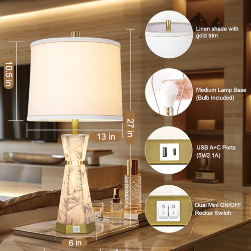 Scenekoy 27" Modern Alabaster Table Lamp Set of 2 with Night Light, USB A+C - color: White