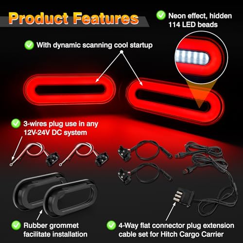 Hitch Cargo Carrier Light Kit, Oval LED Trailer Lights 2PCS 6Inch Red Turn Signal Tail Light with Grommets Wire Harness & 3-Prong Wire Pigtails, Waterproof for Luggage Bike Rack Trailer