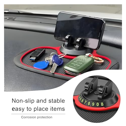 Multifunction Car Anti-Slip Mat, Rotatable Auto Phone Holder Anti Skid Pad with Temporary Parking Number, Universal Extra Large Dashboard Pad for Keys Coins Electronic Devices