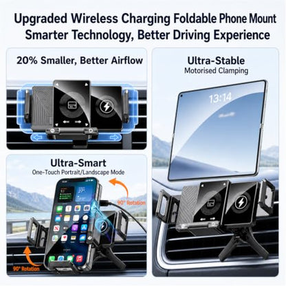 BiLOLLY Wireless Car Charger Phone Holder, 15W Qi Fast Charging, Auto-Clamping Air Vent Car Mount with Motorized 90° Rotation, for Galaxy Z Fold 7/6/5/4/3/2, Pixel 10/9 Pro Fold, iPhone 17/16/15/14