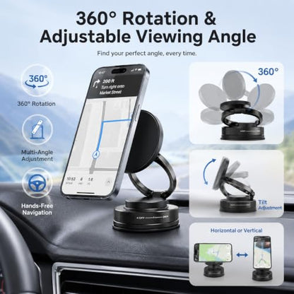 Magnetic Car Phone Mount, Vacuum Suction Cup Dashboard Cell Holder, Premium Zinc Alloy 360° Rotating Hands-Free Desk Mount for MagSafe Navigation and Live Streaming - color: Magnetic Car Mount Phone 2