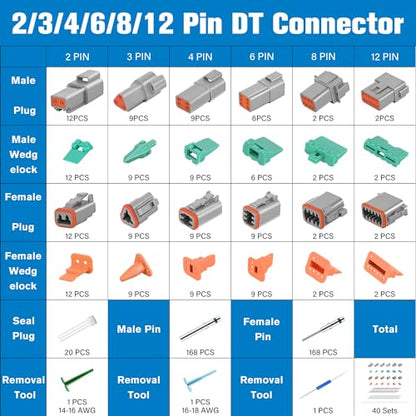 Nilight 2 3 4 6 8 12 PIN DT Connector Kit 40 Sets Size 16 Solid Contacts - size: DT 2-12Pin 40 Sets w/Removal Tool