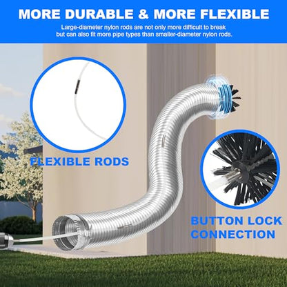 30 Feet Dryer Vent Cleaning Brush Kit, Multi-Purpose lint Cleaning Brush with 4" and 6" Brush Head, Professional Lint Cleaning Accessories for Chimneys, Ducts, Dryers, Crevices