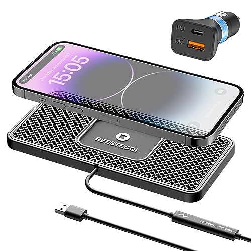 Wireless Car Charger Pad, REESTECQI 15W Wireless Charging Pad for Car Non Slip Phone Car Wireless Charger [40W Car Charger Included] for iPhone 17 16 15 14 13, AirPods 3/Pro 2, Samsung S26/S25/S24