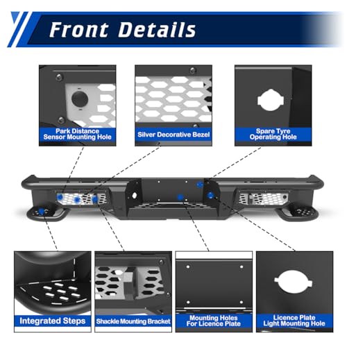 Rear Step Bumper Compatible with Ford F-150 2006-2014, Back Bumper for Ford F150 06-14 w/Shackle Mounting Bracket, Parking Sensor Holes, License Plate Lights Mounting Hole, Spare tyre Operating Hole