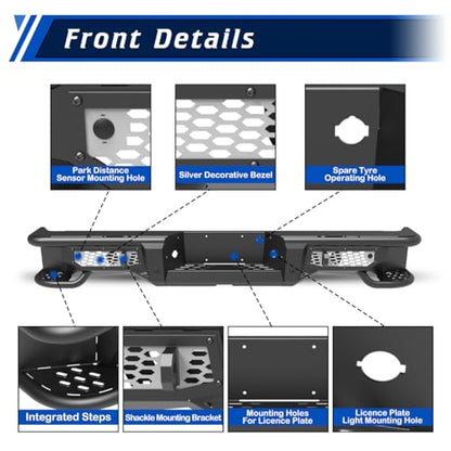 Rear Step Bumper Compatible with Ford F-150 2006-2014, Back Bumper for Ford F150 06-14 w/Shackle Mounting Bracket, Parking Sensor Holes, License Plate Lights Mounting Hole, Spare tyre Operating Hole