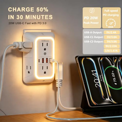 JcBlaon Surge Protector Outlet Extender, 6 Outlet Splitter and 4 USB Ports (PD 20W USB-C) with Night Light, 3 Sided Multi Plug Wall Adapter Power Strip for Home Travel Office-ETL - color: White-20W-1Pcs