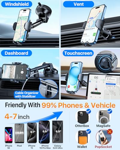 YRU True Upgrade for Safety Car Phone Holder Mount Patent & Military-Grade Dashboard Cell Phone Holder for Car Vent Windshield Phone Stand for iPhone 17 16 15 14 13 Pro Max Truck Samsung, Matte Black - color: Matte Black