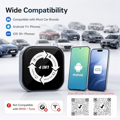 Wireless CarPlay Adapter 4 in 1, Wireless Android Auto Box with Airplay Mirror Link, Screen Mirroring, Plug & Play for Cars with Wired CarPlay/Android Auto