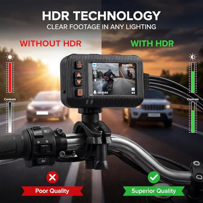 CAMECHO Motorcycle Dash Cam Front and Rear, HD Dual Dash Camera for Cars, 2 inch Display, Waterproof, G-Sensor, HDR, Loop Recording, Dashcam, Wired Controller