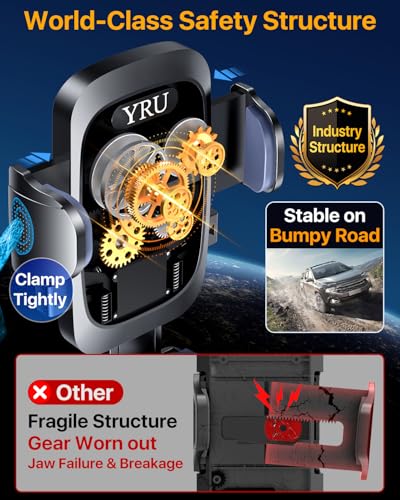 YRU [True Upgrade for Safety] Car Phone Holder Mount [Patent & Military-Grade] Dashboard Cell Phone Holder for Car Vent Windshield Phone Stand for iPhone 17 16 15 14 13 Pro Max Truck Samsung (Grey) - color: Grey
