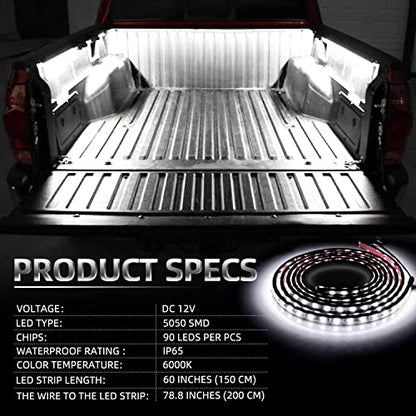 LED Truck Bed Light Kit 3PCS 60inch, Flexible Strip with Switch - color: White 3PCS