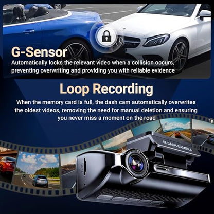 4K Dash Cam Front and Rear, Car Dash Camera with Built-in GPS, 5GHz WiFi, Night Vision, G-Sensor, 64GB SD Card, Loop Recording, 3.59 Inch Screen, 170° Wide Angle, Parking Monitor