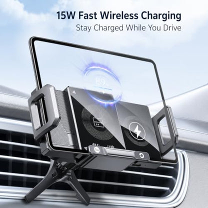 BiLOLLY Wireless Car Charger Phone Holder, 15W Qi Fast Charging, Auto-Clamping Air Vent Car Mount with Motorized 90° Rotation, for Galaxy Z Fold 7/6/5/4/3/2, Pixel 10/9 Pro Fold, iPhone 17/16/15/14