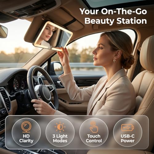 Car Sun Visor Vanity Mirror, Slim Makeup Mirror with Adjustable Straps