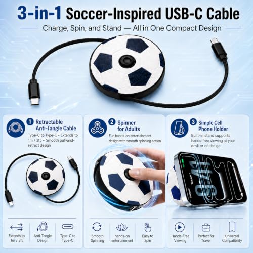 Retractable USB C to USB C Cable, 132W Fast Charging Cable with Soccer Ball Design, 3-in-1 Adult Spinner & Phone Stand, 3.3FT Type C Cable for iPhone 15 16 17, Samsung Galaxy, Pixel, CarPlay
