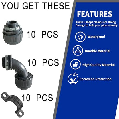 (1/2" Conduit Parts 30 Pack) Yariwiz 1/2 Black Special Extra Flexible Plastic Liquid Tight Conduit Connector Kit, Include 10 Conduit Couplings, 10 Conduit 90 Degree Elbows, 10 Conduit Strap - style: 1/2 inch Part Kits-30 Pack