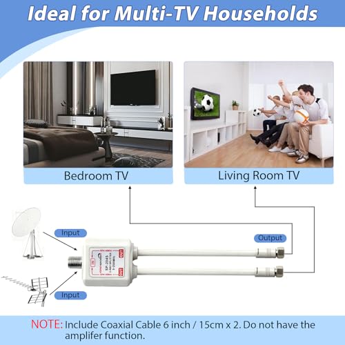 2-Way coaxial Cable Splitter, 5-2500MHz CATV Splitter with 6” RG6 Coaxial Cable and 2 Coax Connectors, for Pass Power to LNB, Improve TV Satellite Antenna Signal Quality, Corrosion Resistant - size: 6 inch