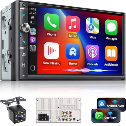 Double Din Car Stereo with 7" HD Touchscreen, Wireless Apple Carplay & Android Auto, Bluetooth, 240W, SWC, Subwoofer Output, Mirror Link, FM/AM Car Radio Receiver, Backup Camera - style: Volume knob + 2 physical buttons