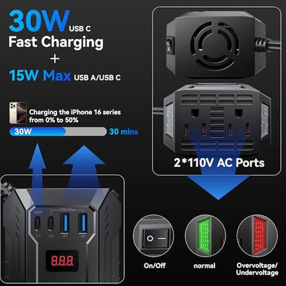 400W Car Power Inverter for Vehicles DC 12V to AC 110V Inverter - color: Black
